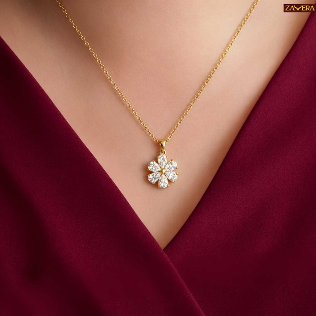 Silver Tone American Diamond Flower Pendant for Women