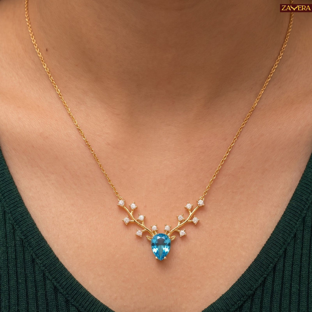 Zavera Gold Plated Elegant Blue Crystal Deer Antler Pendant For Women