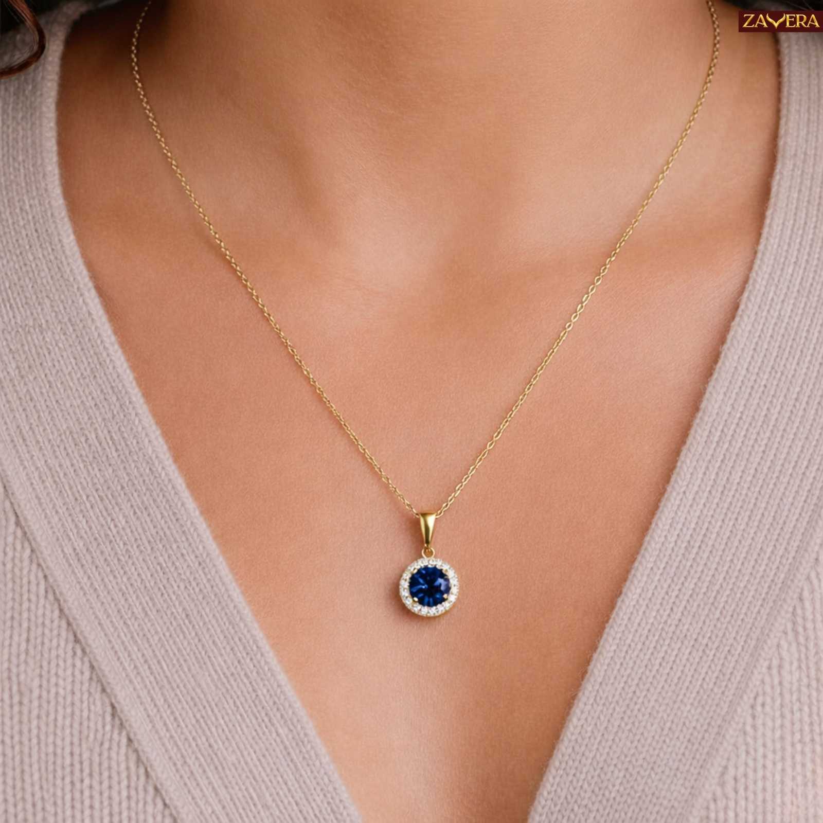 Zavera Blue Stone Halo Diamond Gold Plated Pendant Set with Earrings