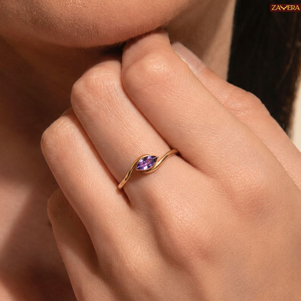 Zavera Brass 22K  Marquise Cut Purple Crystal Gold Plated Ring For Women