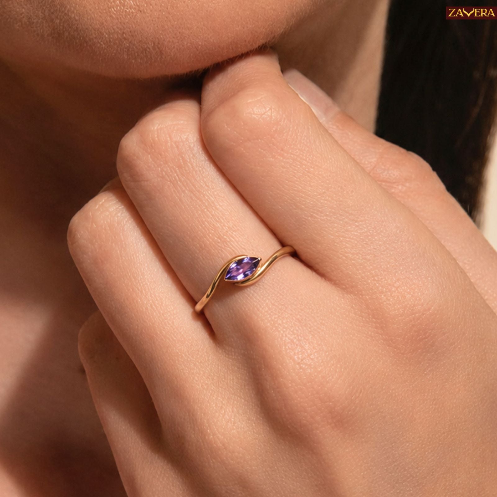 Zavera Brass 22K  Marquise Cut Purple Crystal Gold Plated Ring For Women