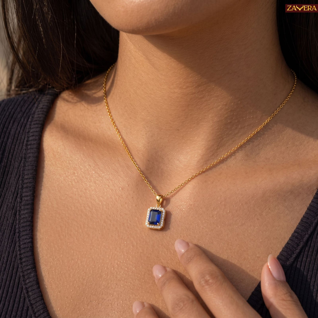 Zavera Rectangular Blue Crystal Halo Pendant Necklace and Earring Set for Women