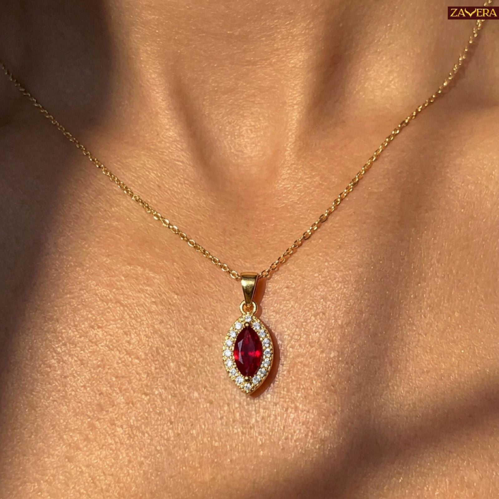 Zavera Gold Plated Ruby Red Marquise Pendant & Earrings Set For Women