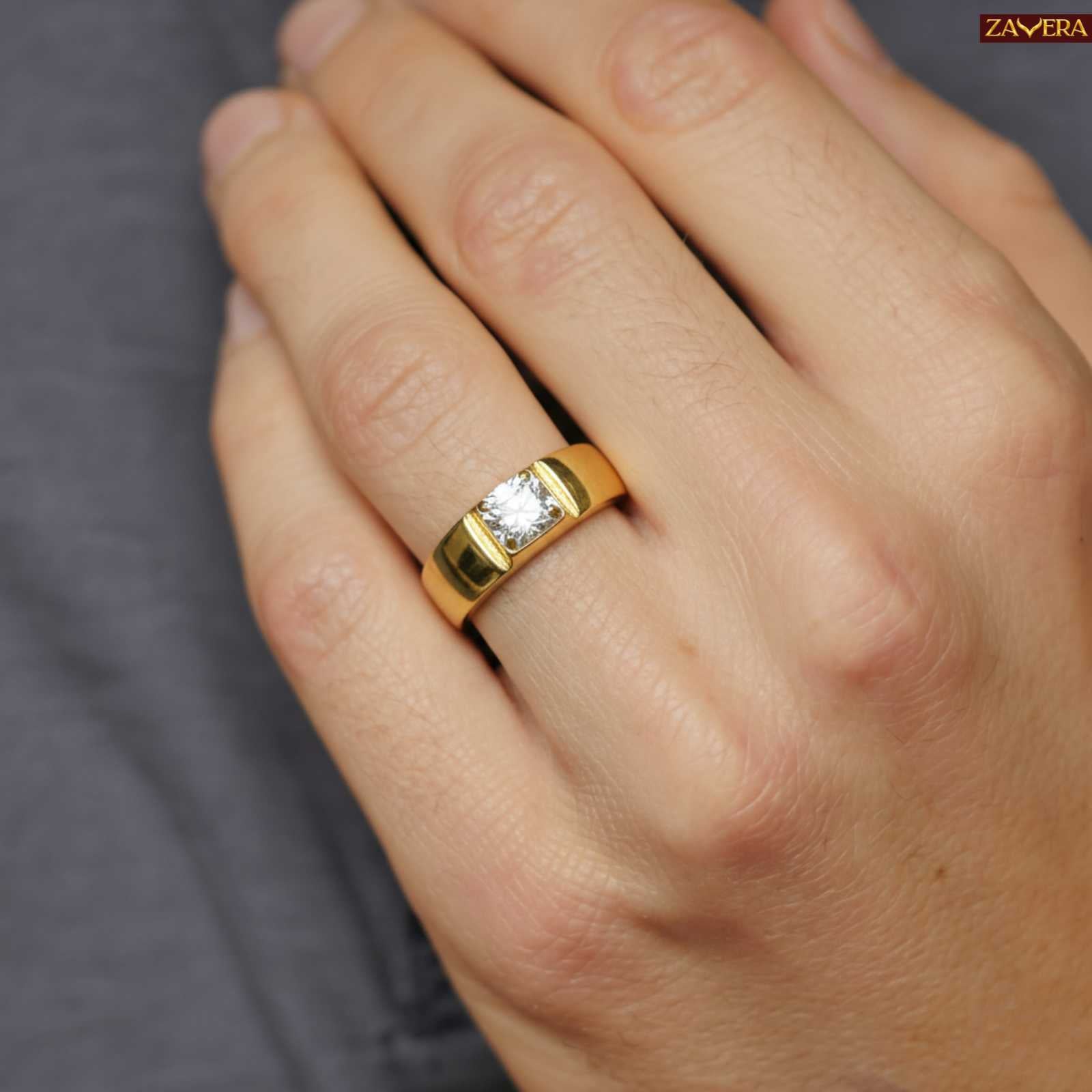 Zavera Men Round Solitaire Crystal Adjustable Ring Gold Plated