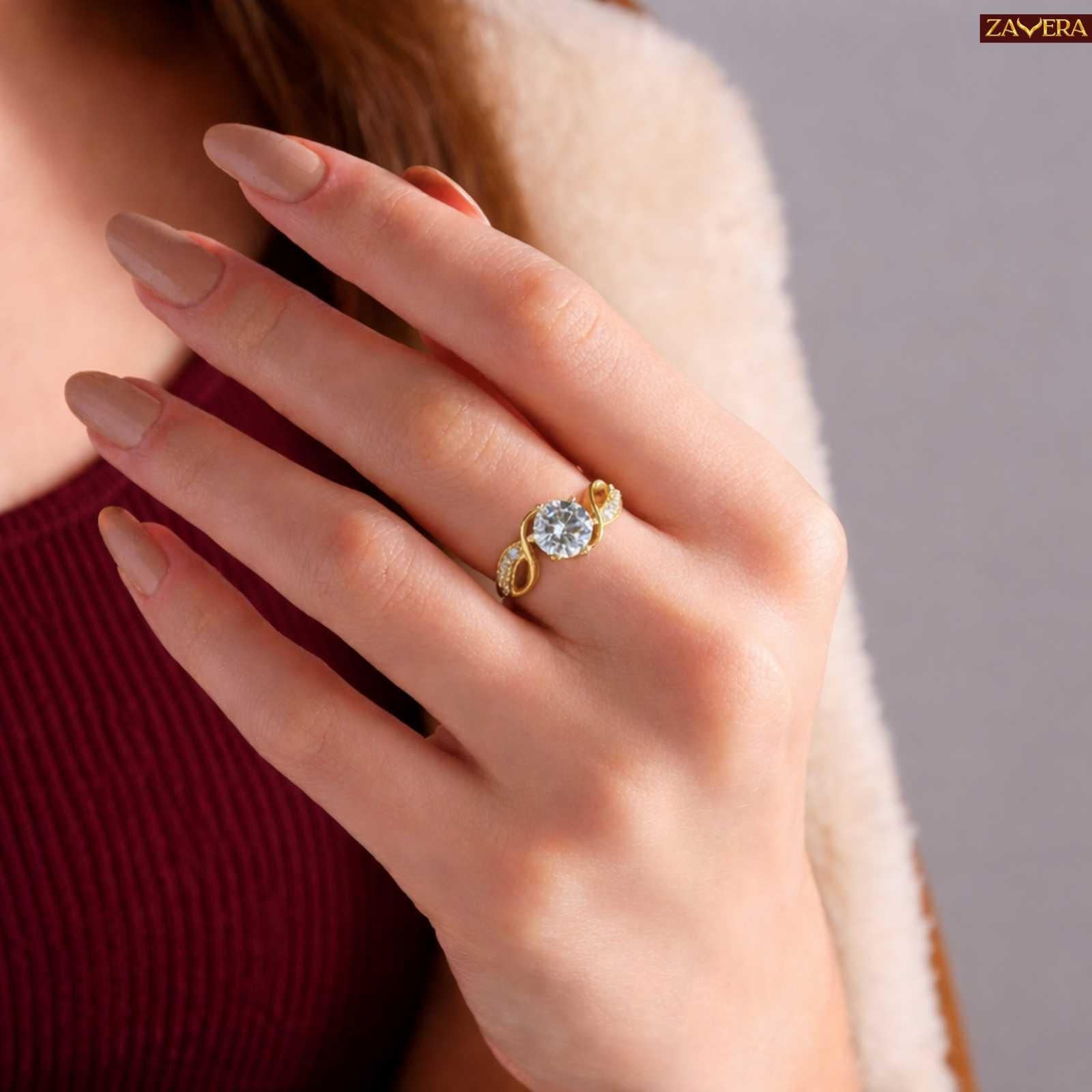 Zavera Gold Plated Twisted Infinity Solitaire Adjustable Ring