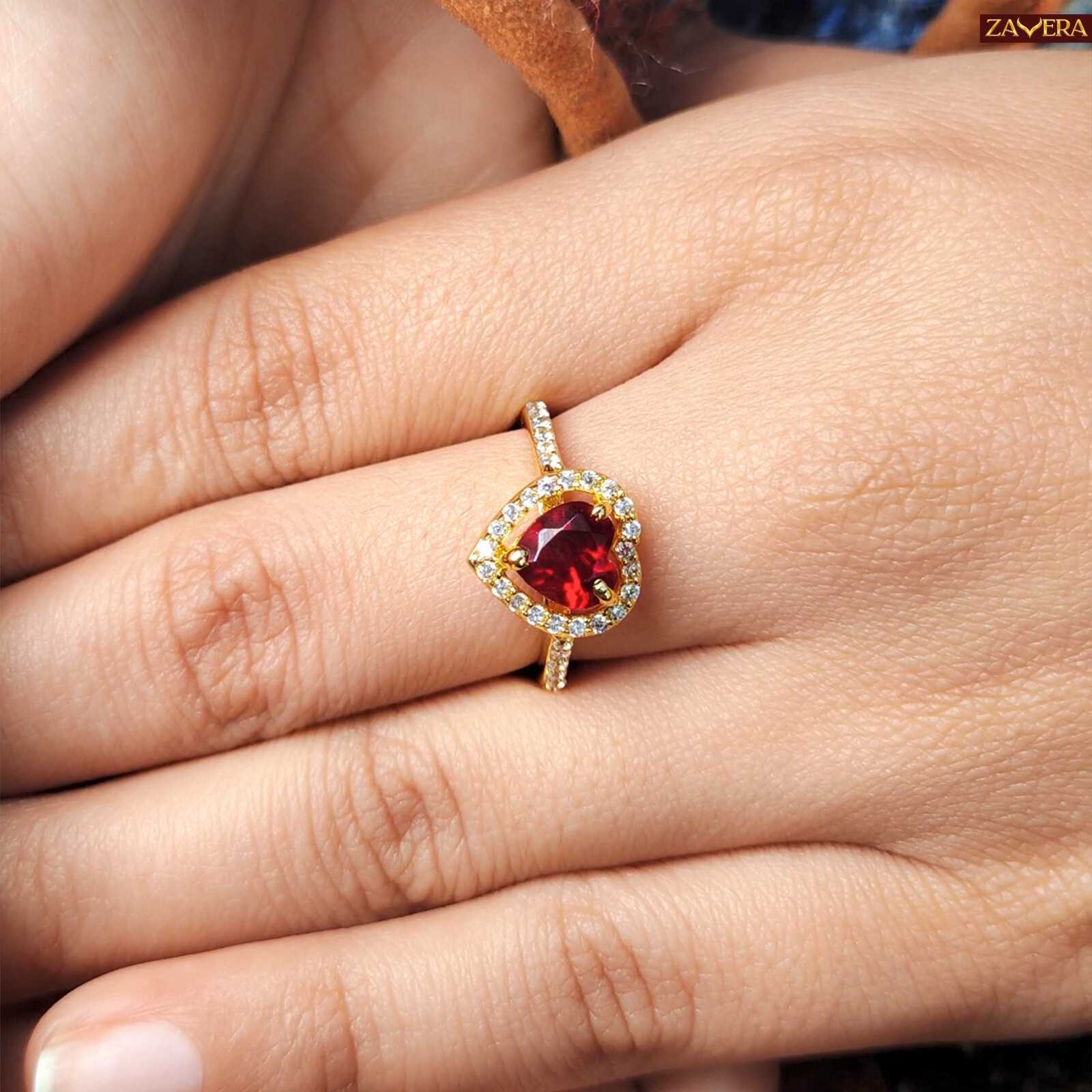 Zavera Gold Plated Ruby Heart Halo Adjustable Ring