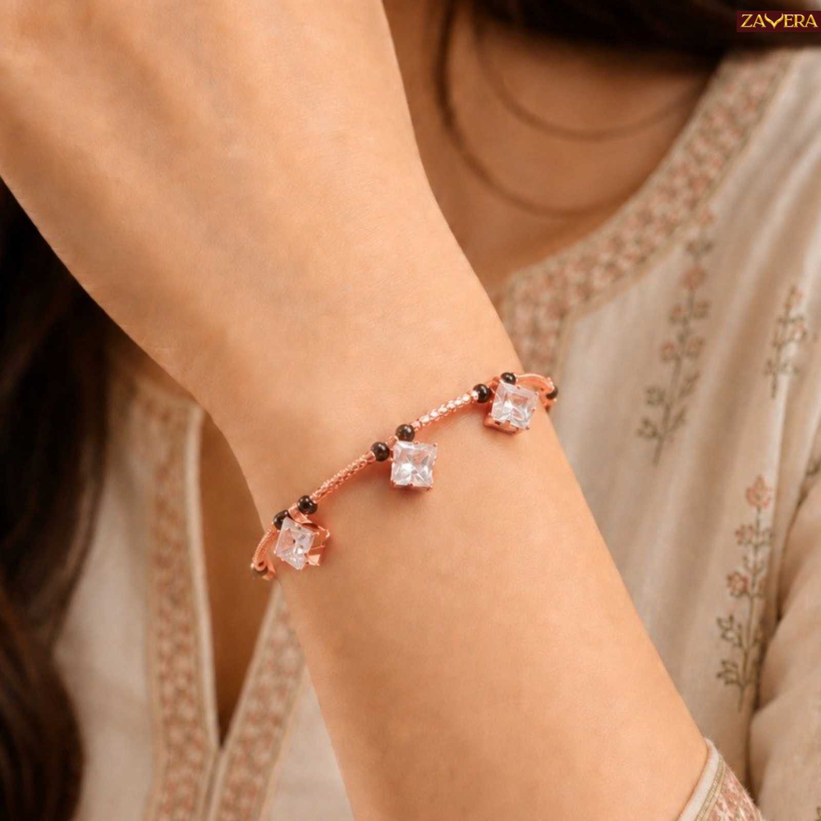 Zavera Triple Square Crystal Gold Plated Mangalsutra Bracelet