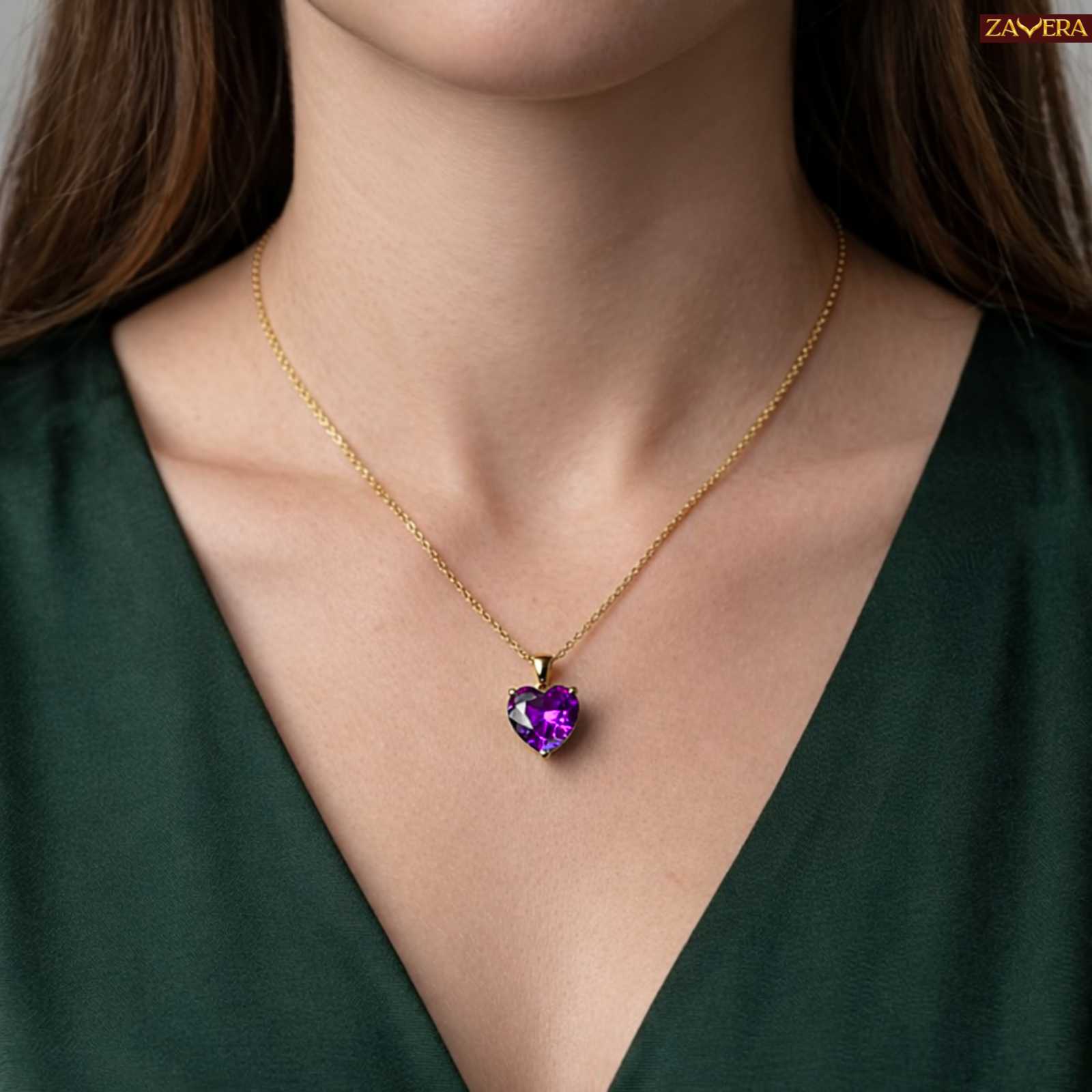 Zavera Purple Heart Shape Crystal Pendant Gold Plated