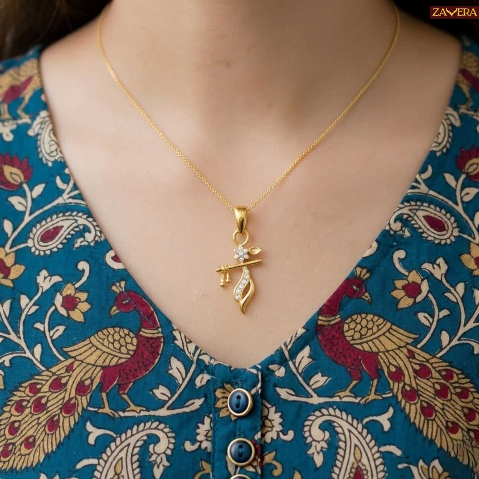 Zavera Lord Krishna Flute Design Gold Plated Pendant