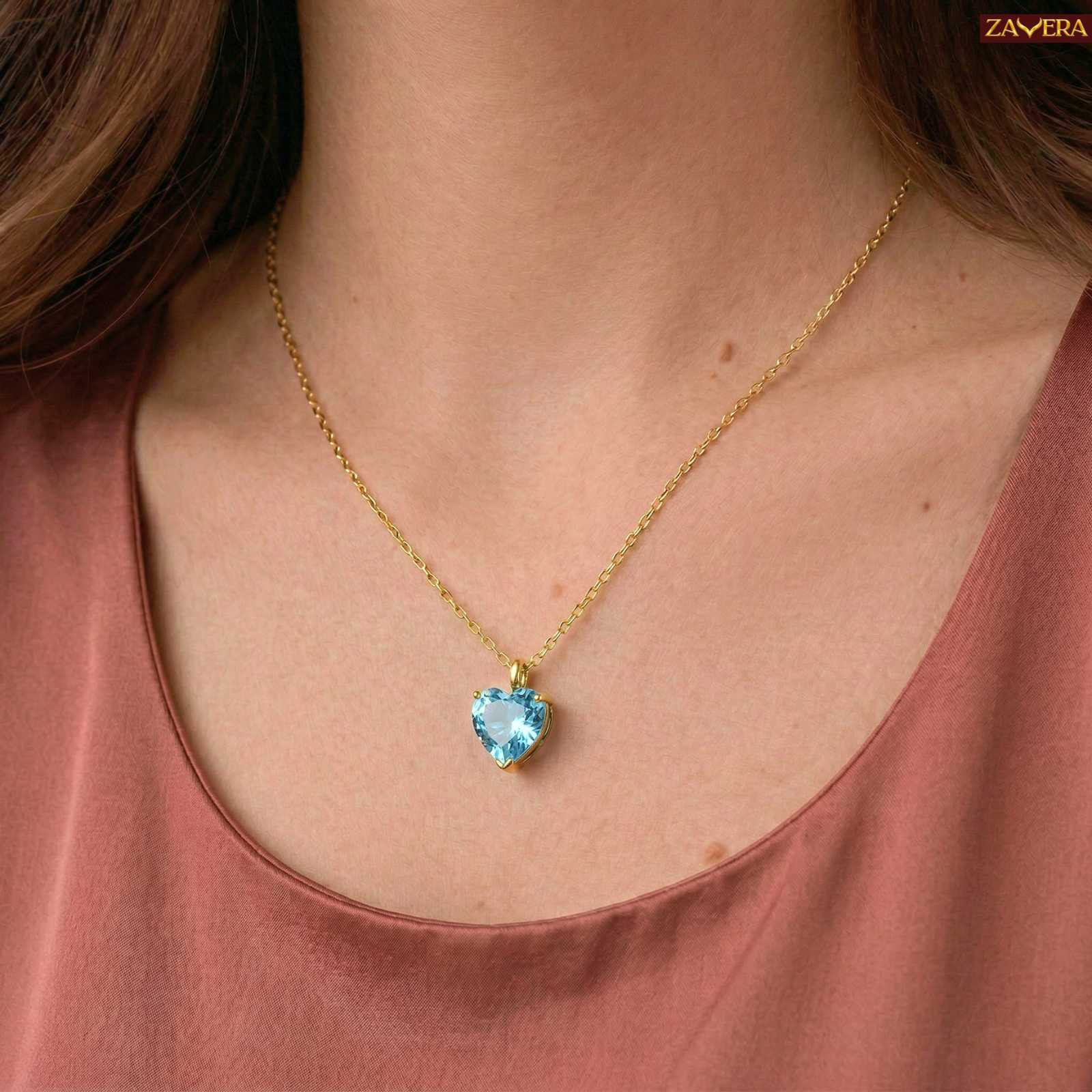 Zavera Blue Heart Shape Crystal Pendant Gold Plated