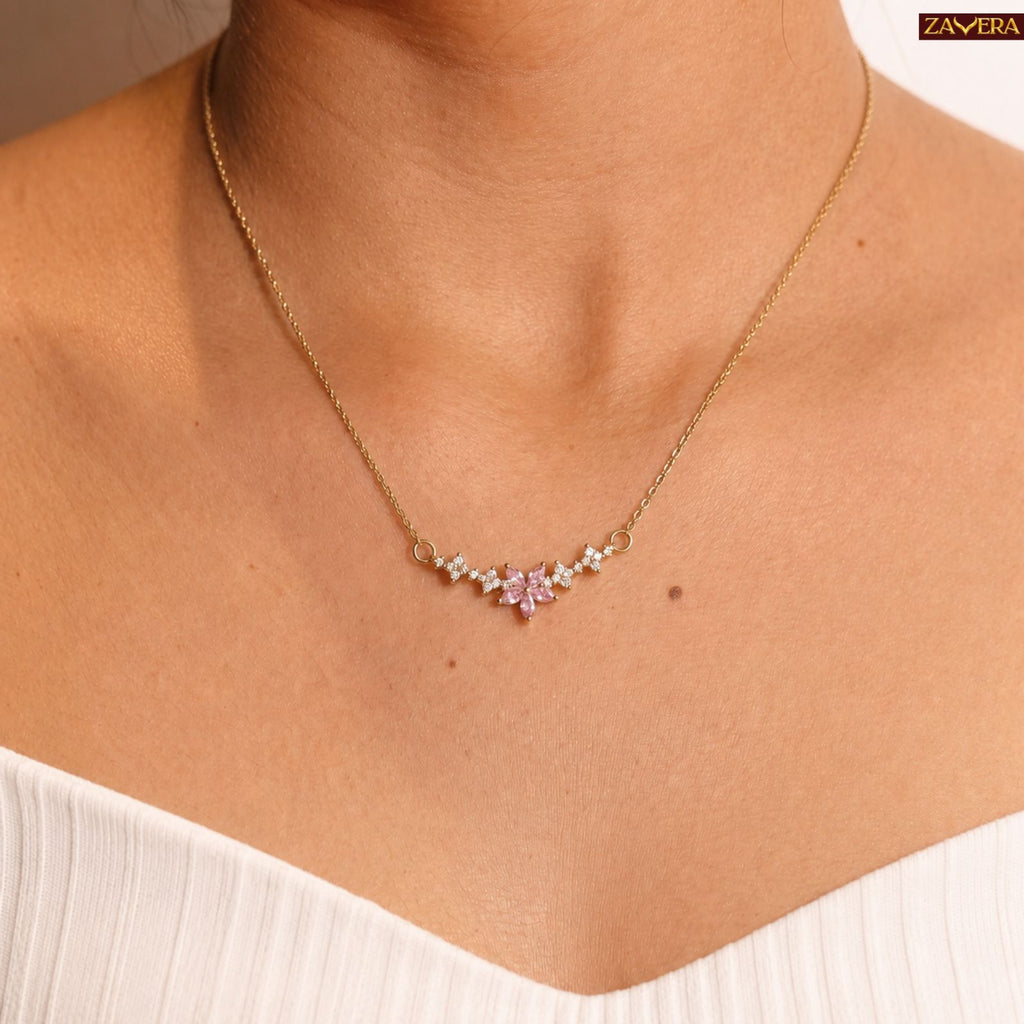 Zavera Gold Plated Pink Flower Pendant For Women