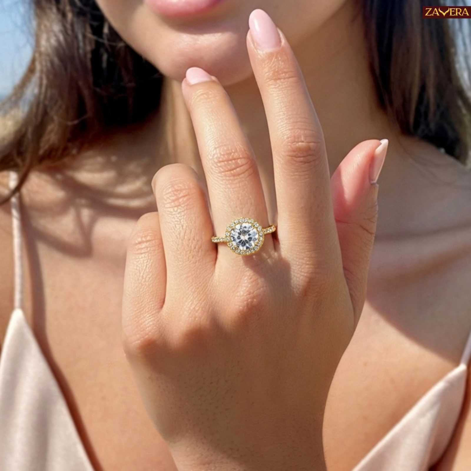 Zavera Gold Plated Classic Halo Sparkle Adjustable Ring