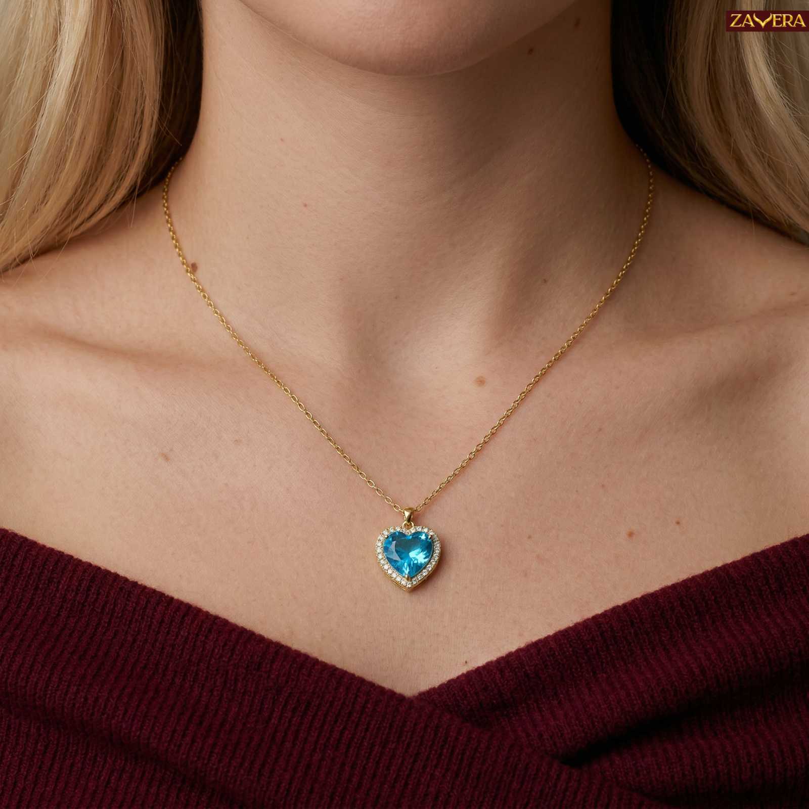 Zavera Gold Plated Blue Heart Crystal Pendant