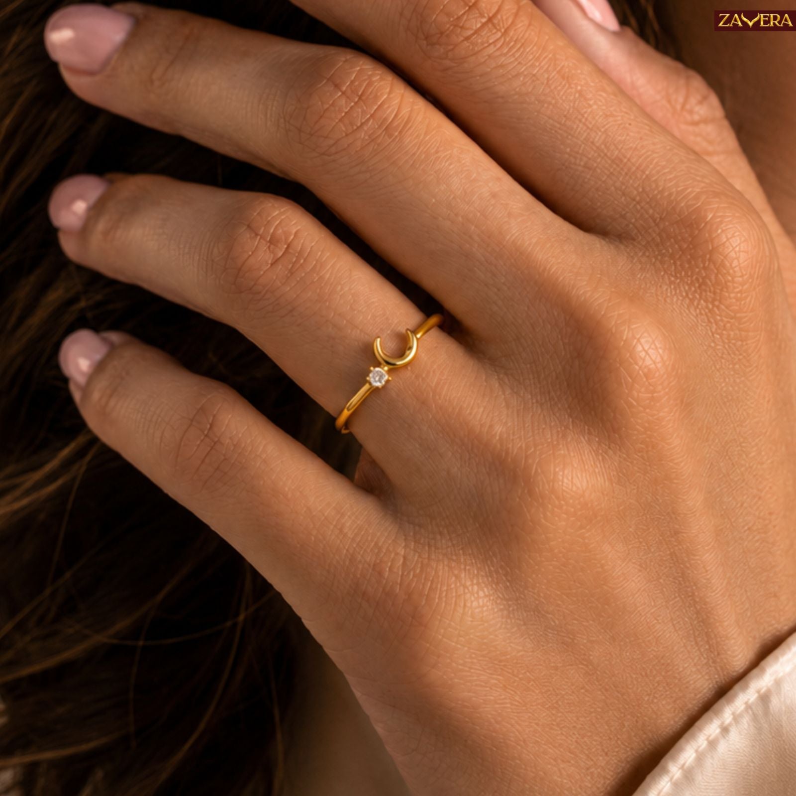 Zavera Brass 22K Dainty Crescent Moon Gold Plated Ring For Women