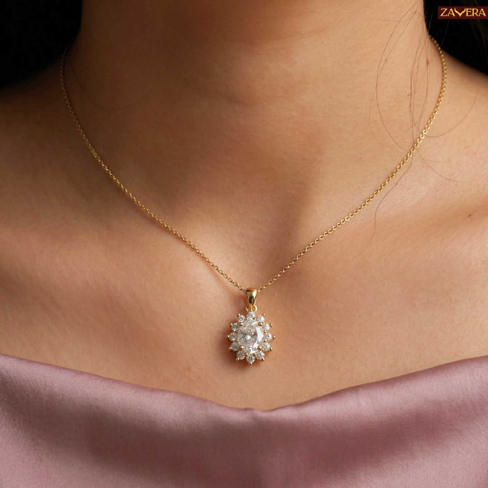 Zavera Floral Oval Gold Plated Pendant Necklace