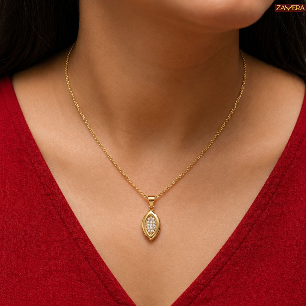 Zavera Pave Crystal Eye-Shaped Gold Pendant and Earring Set for Women