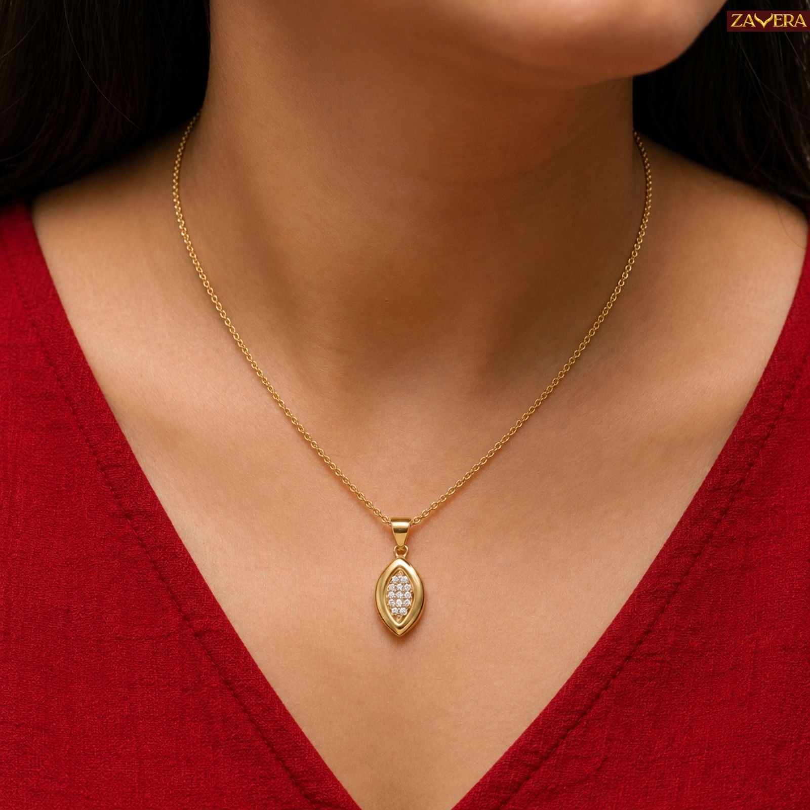 Zavera Pave Crystal Eye-Shaped Gold Pendant and Earring Set for Women