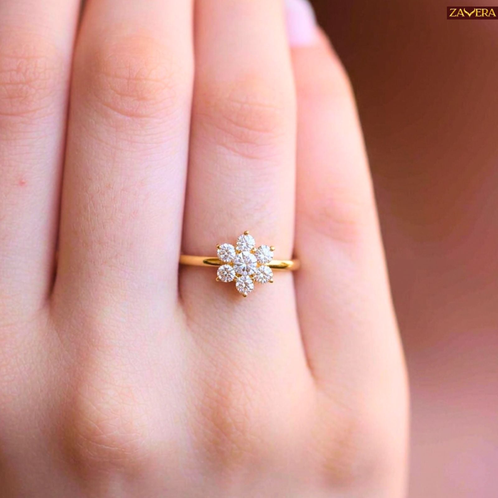 Zavera Brass 22K  Sparkling Flower Cluster Gold Plated Ring For Women