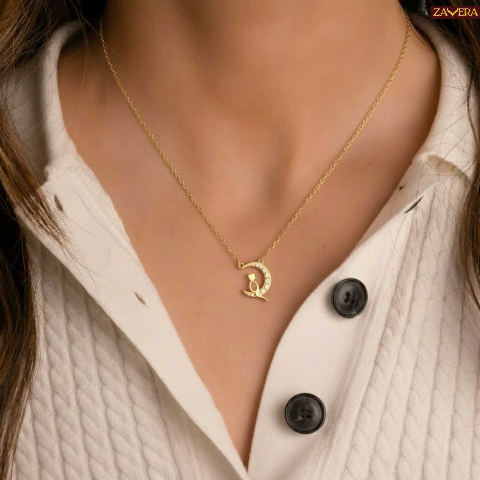 Zavera Gold Plated Crescent Moon Cat Pendant