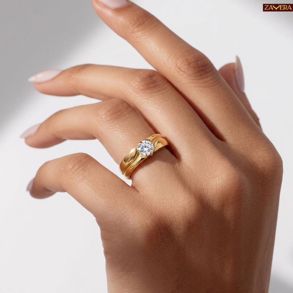Zavera Brass 22K Adjustable Solitaire American Diamond Gold Plated Ring For Women