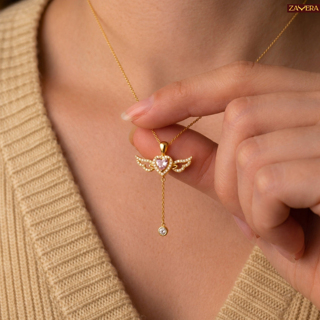 Zavera Gold Plated Pink Heart Angel Wing Pendant for Women