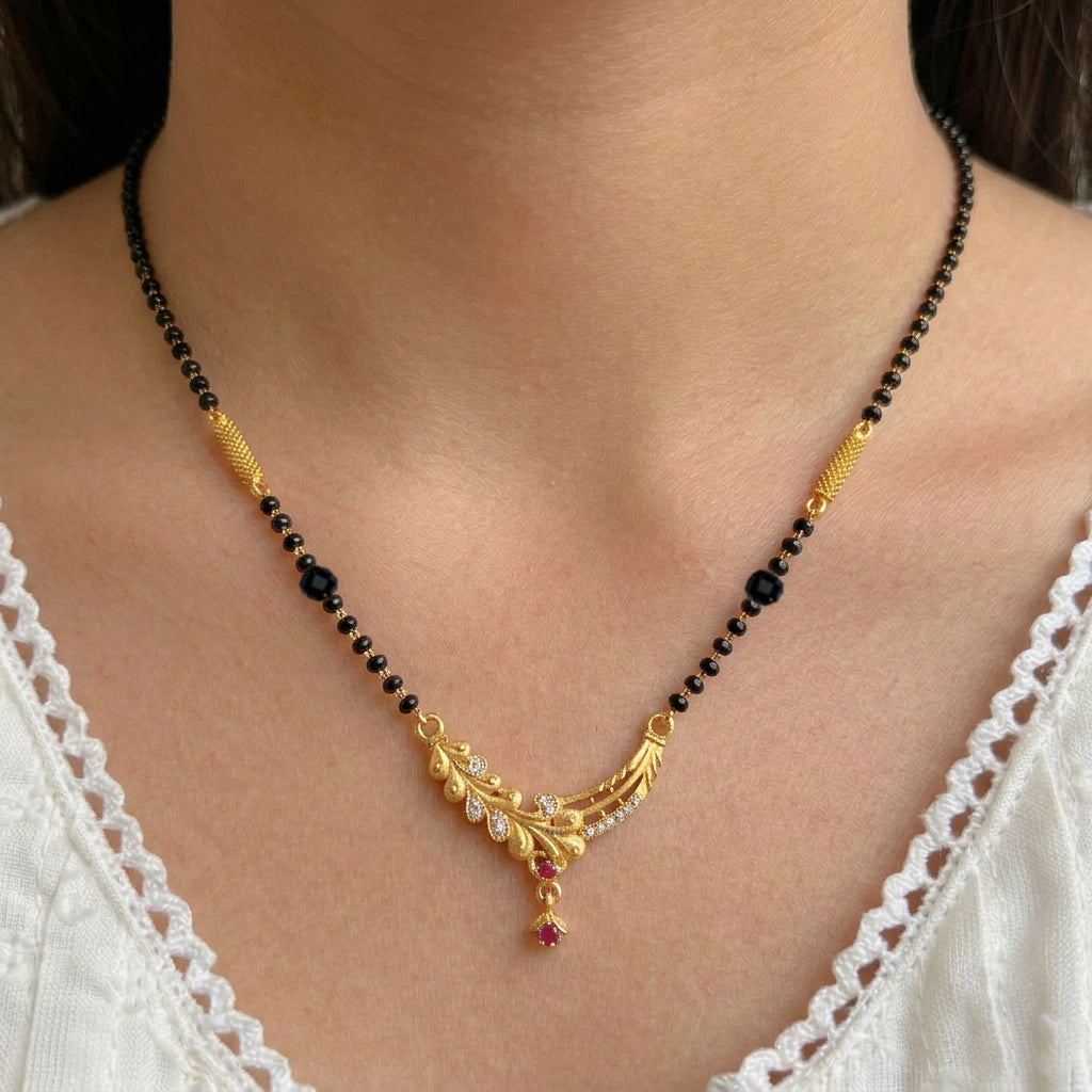 Zavera Sparkling Leaf Charm Gold Plated Mangalsutra