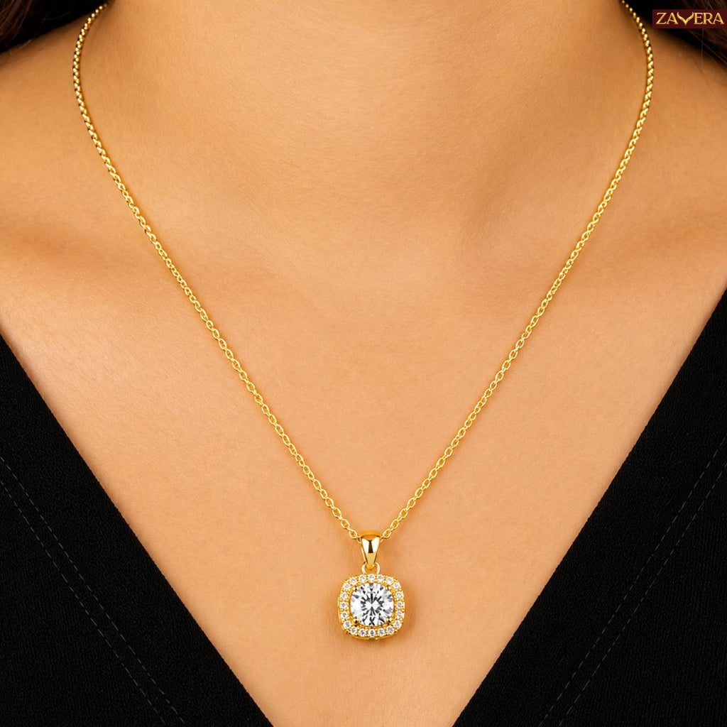 Zavera Gold Plated Elegant Cushion Cut Diamond Pendant For Women