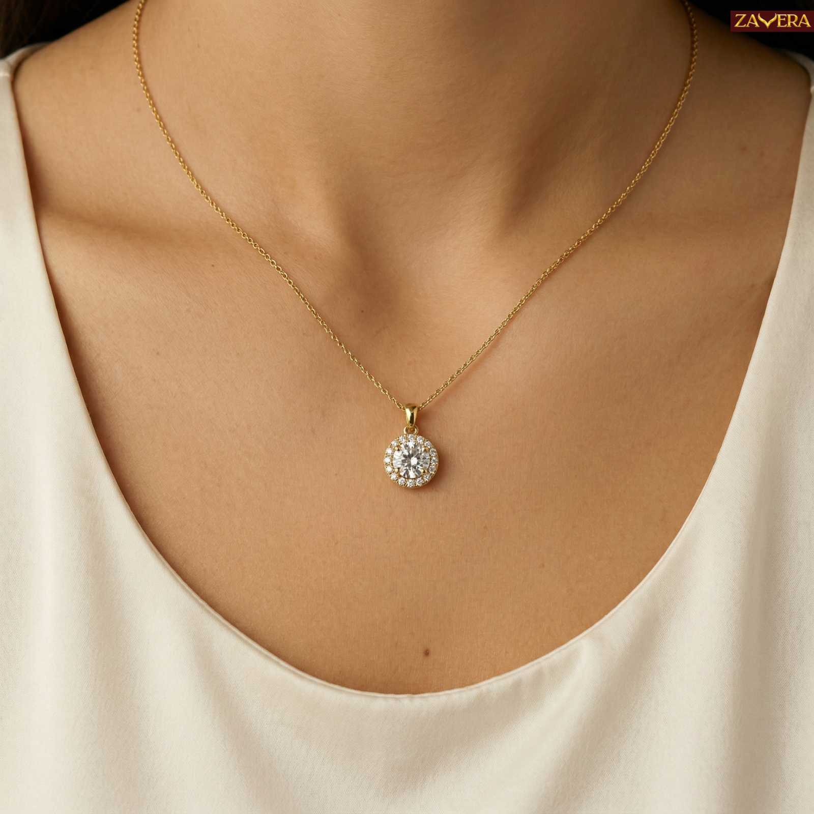 Zavera Round Halo Crystal Pendant Gold Plated