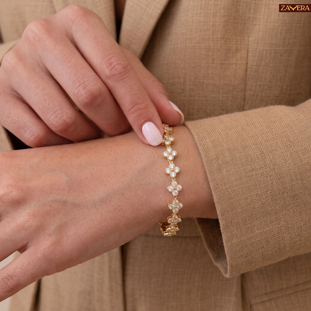 Zavera Gold Plated Floral American Diamond Bracelet for Women