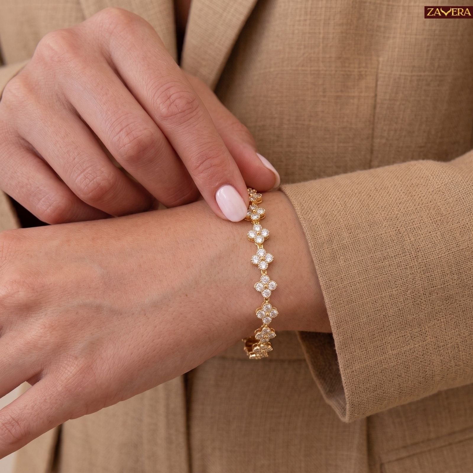 Zavera Gold Plated Floral American Diamond Bracelet for Women