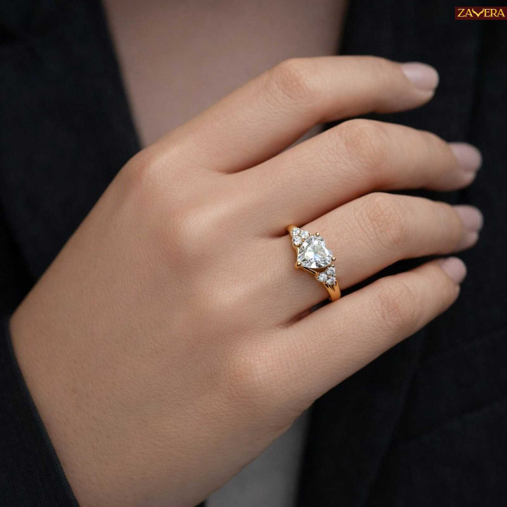 Zavera Heart Shape Diamond Gold Plated Adjustable Ring