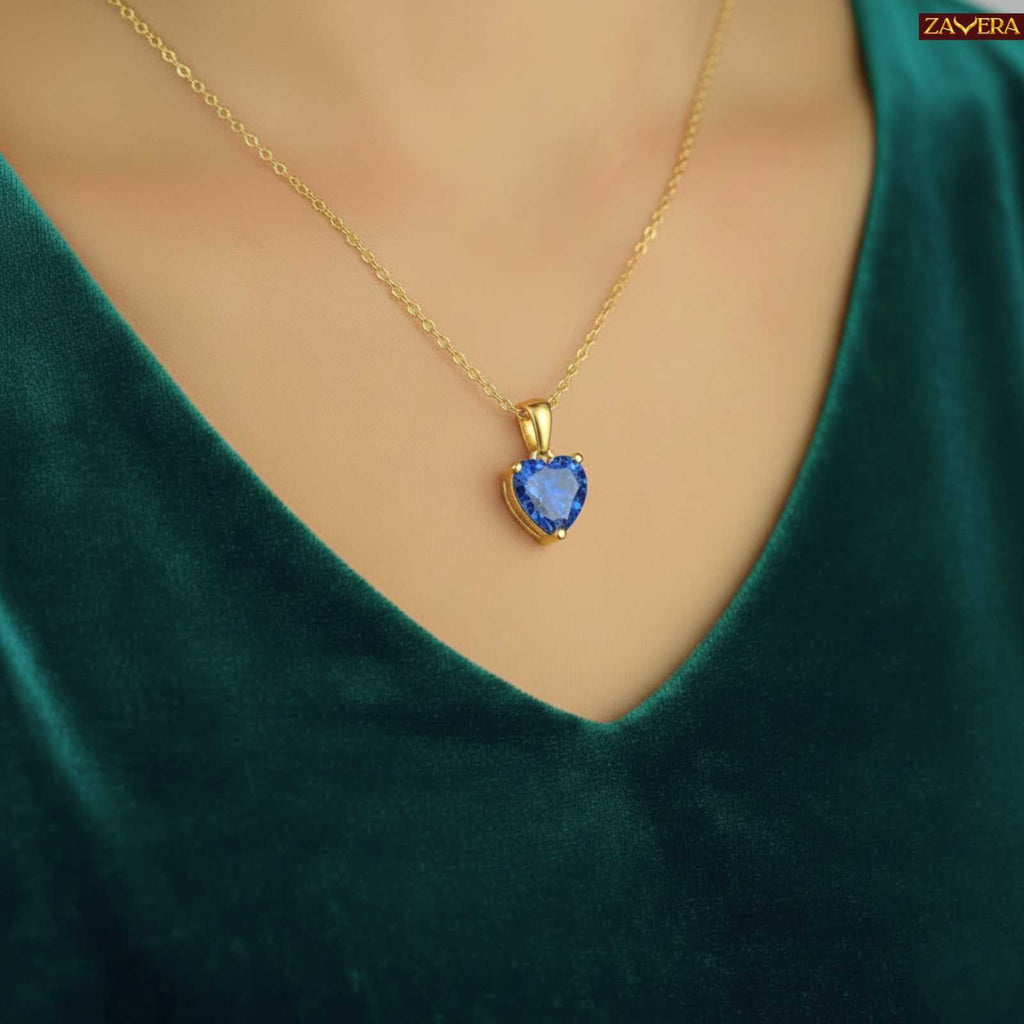 Zavera Royal Blue Heart Shape Crystal Pendant Gold Plated