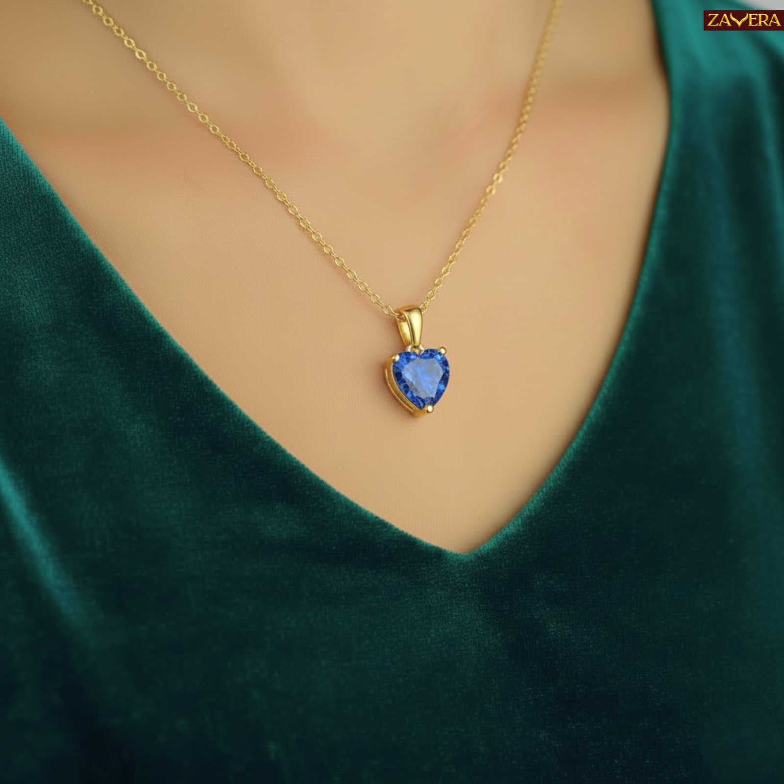 Zavera Royal Blue Heart Shape Crystal Pendant Gold Plated