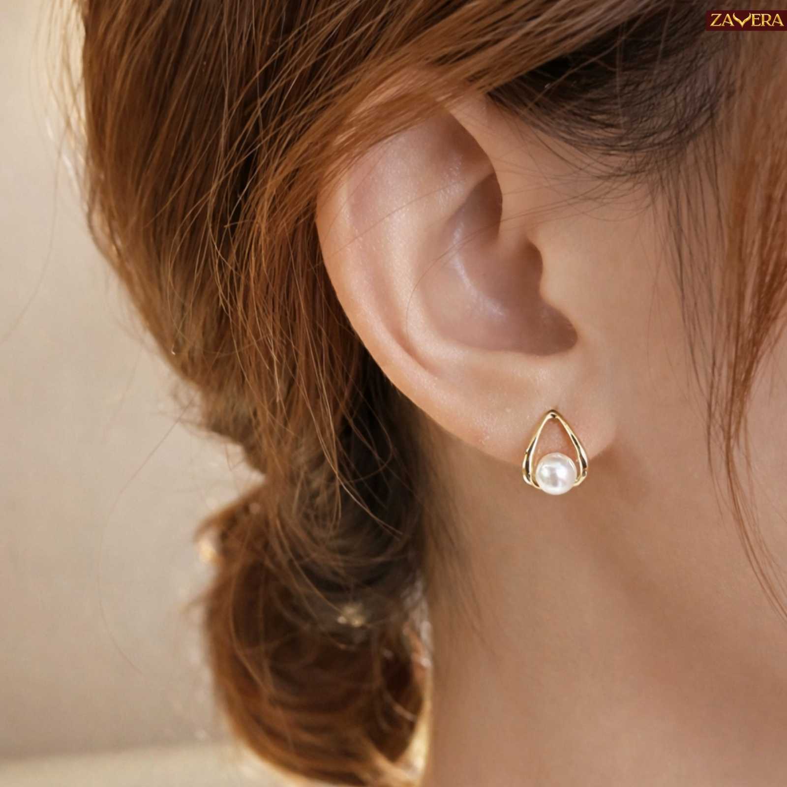 Teardrop Frame Pearl Gold Plated Earrings For Women