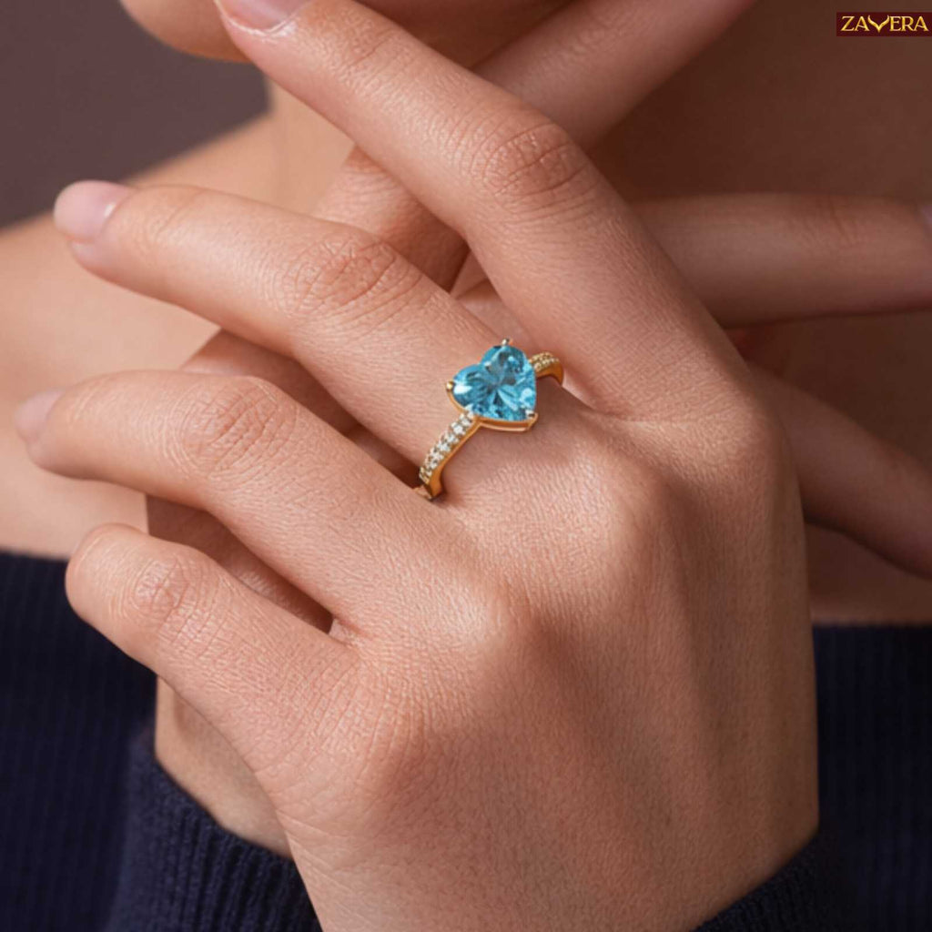 Gold Plated Premium Aqua Blue Heart Adjustable Ring