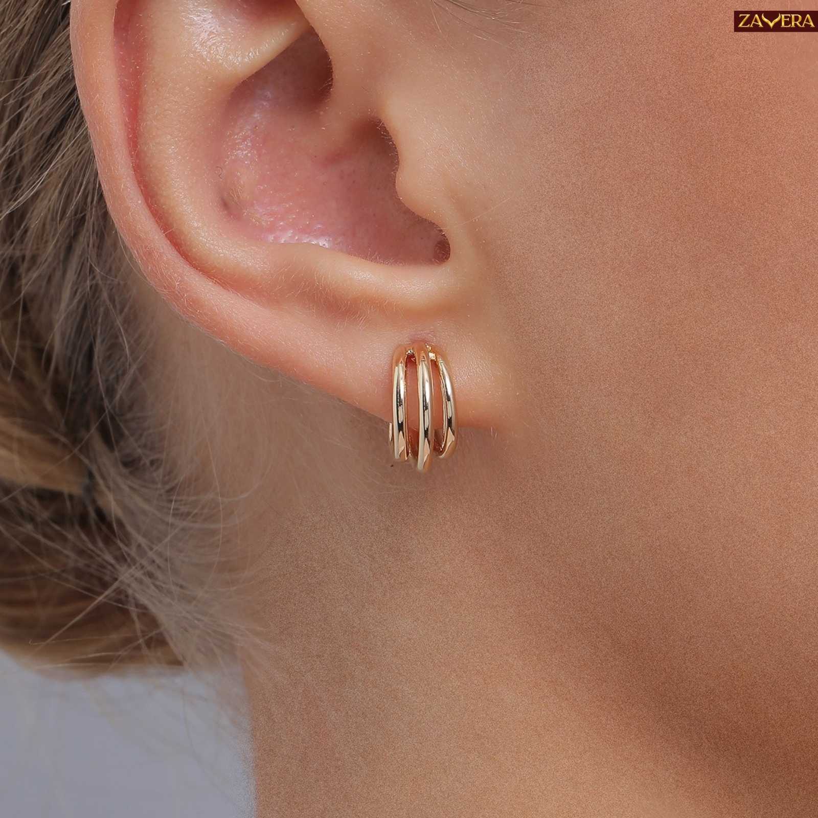 Minimal Triple Ring Gold Plated Earrings For Women