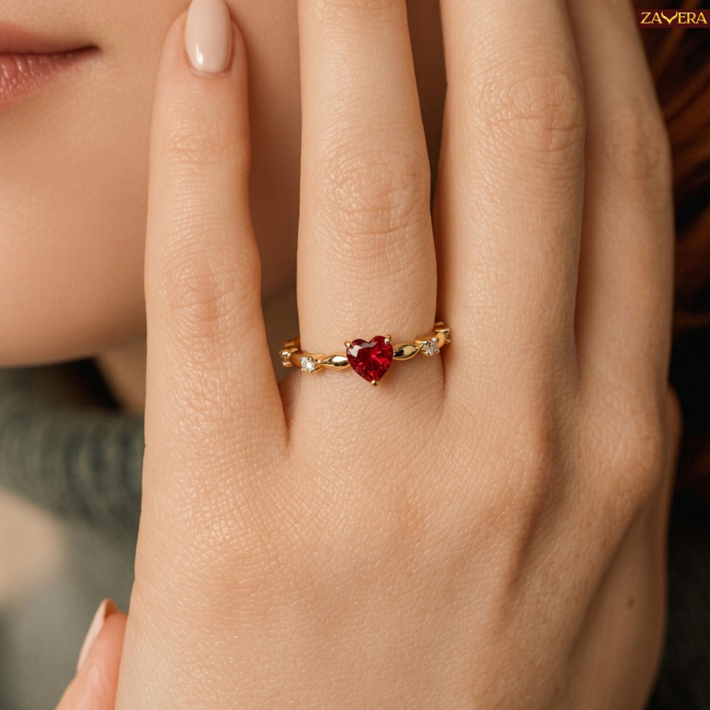 Zavera Brass 22K Crimson Heart Gold Plated Ring For Women