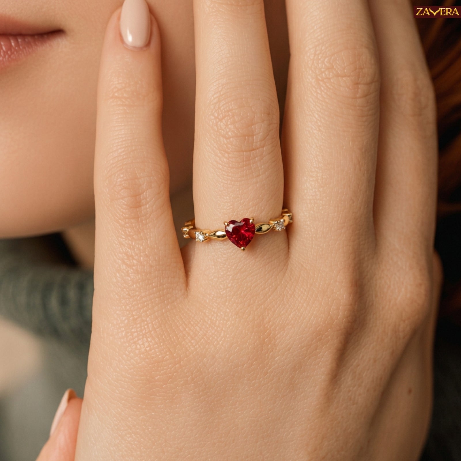Zavera Brass 22K Crimson Heart Gold Plated Ring For Women
