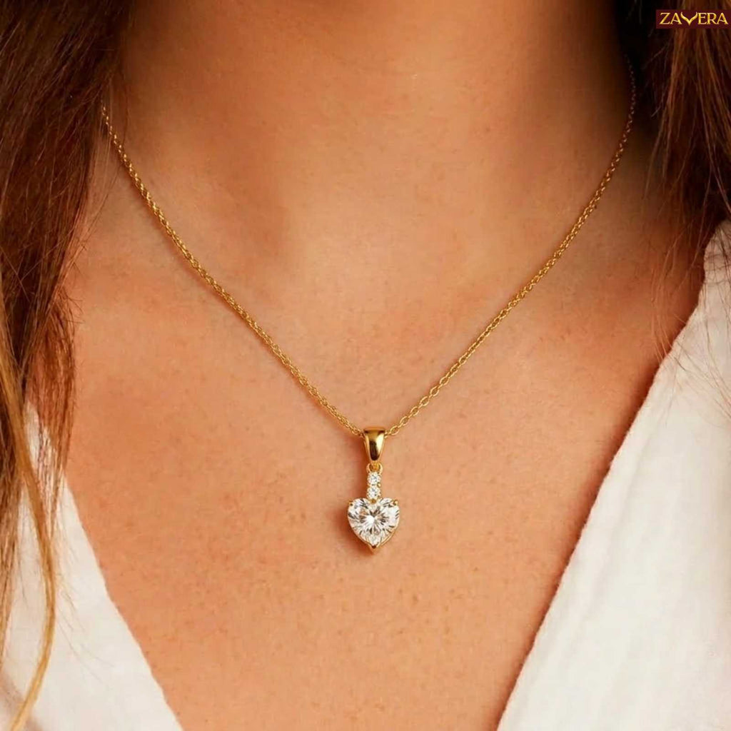 Zavera Classic Heart Solitaire Diamond Gold Plated Pendant