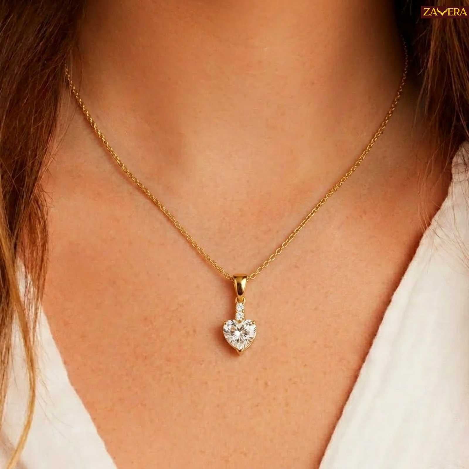 Zavera Classic Heart Solitaire Diamond Gold Plated Pendant