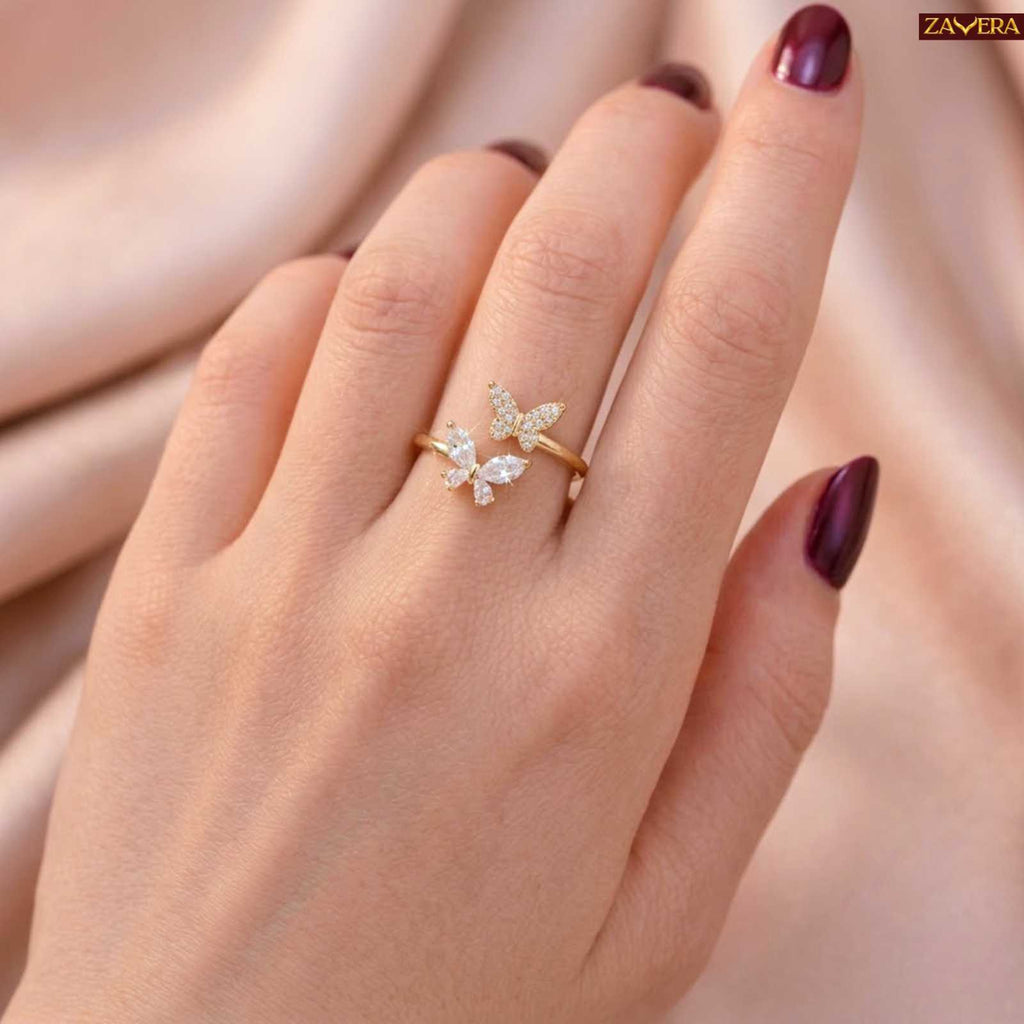 Zavera Gold Plated Butterfly Floral Adjustable Ring