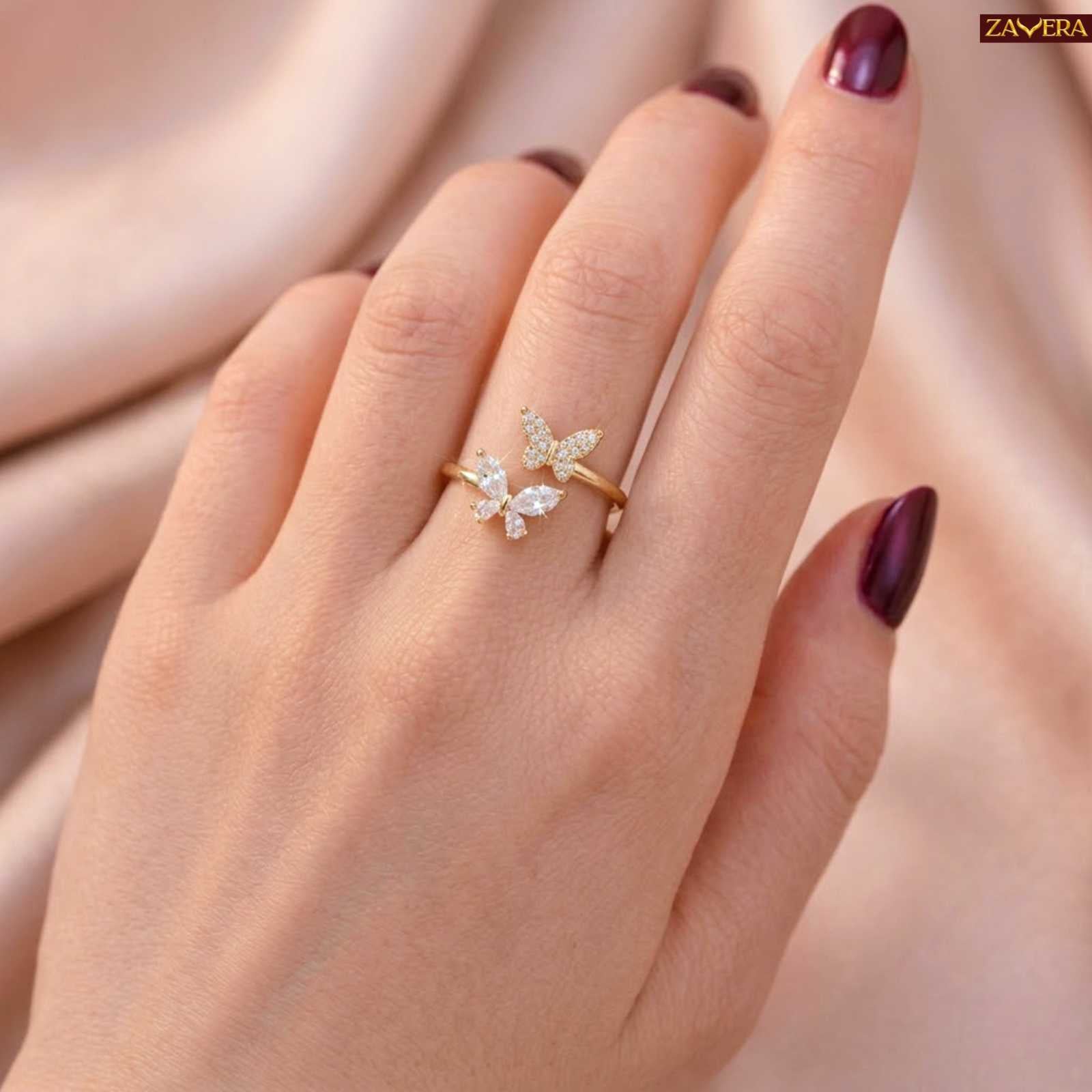 Zavera Gold Plated Butterfly Floral Adjustable Ring