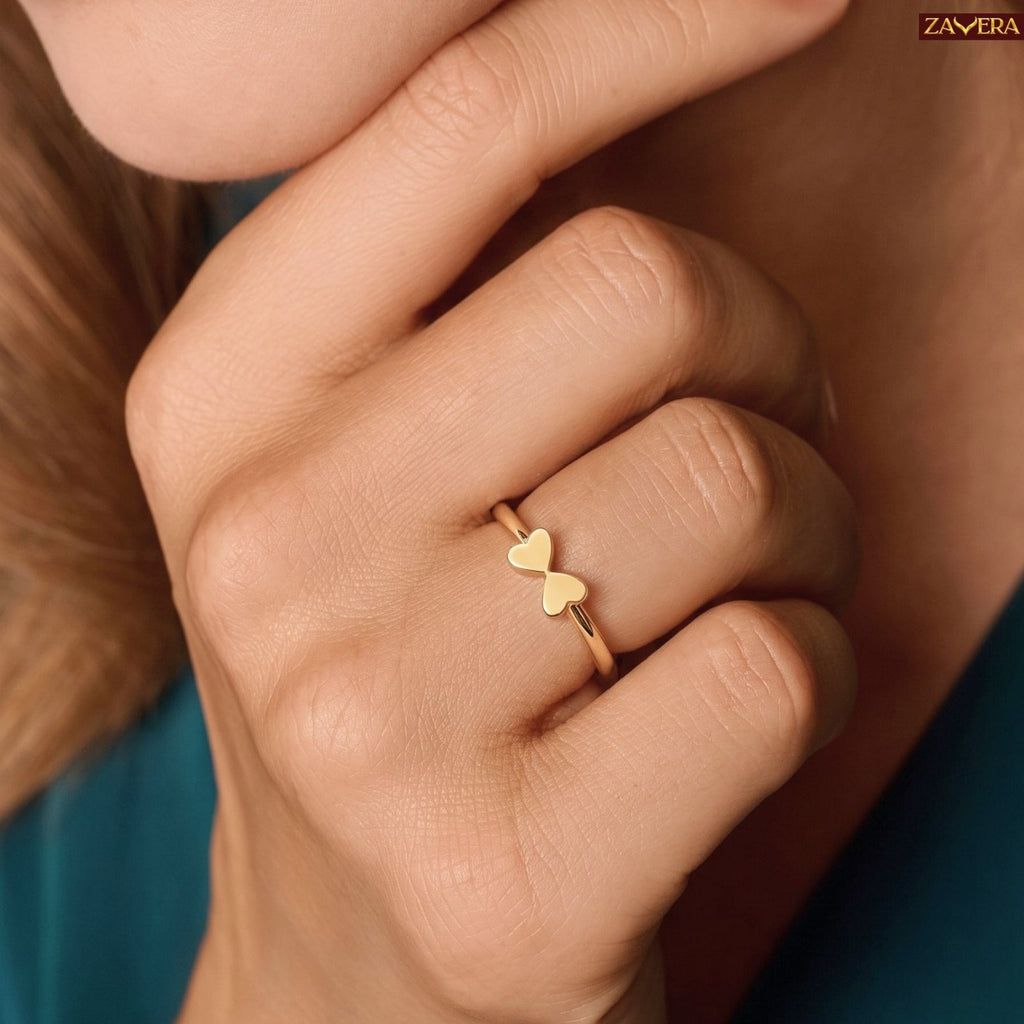 Zavera Brass 22K Cute Twin Heart Gold Plated Ring For Women
