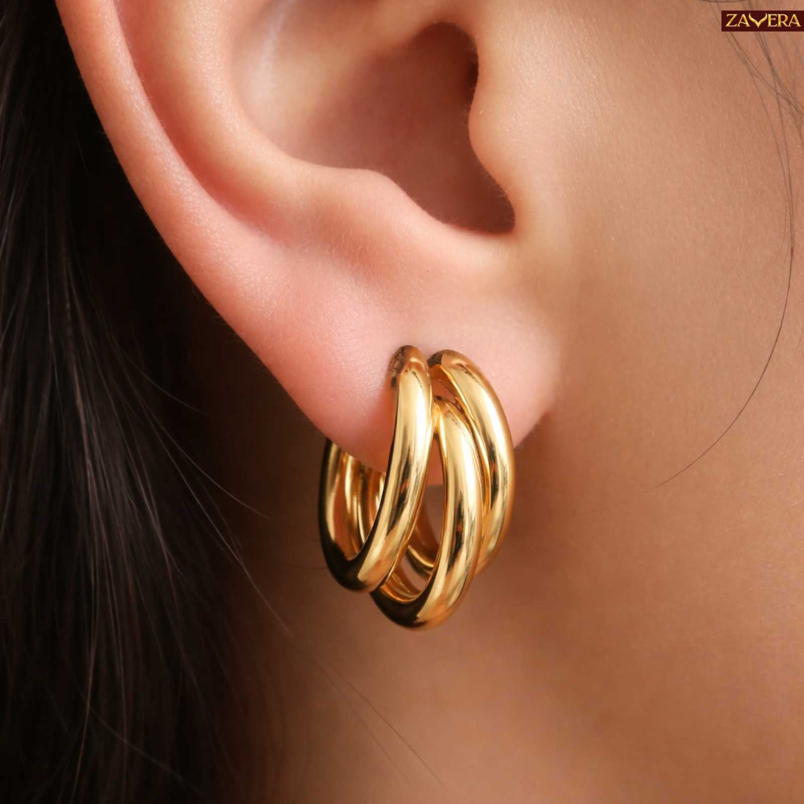 Chunky Triple Hoop Gold Plated Earrings For Women