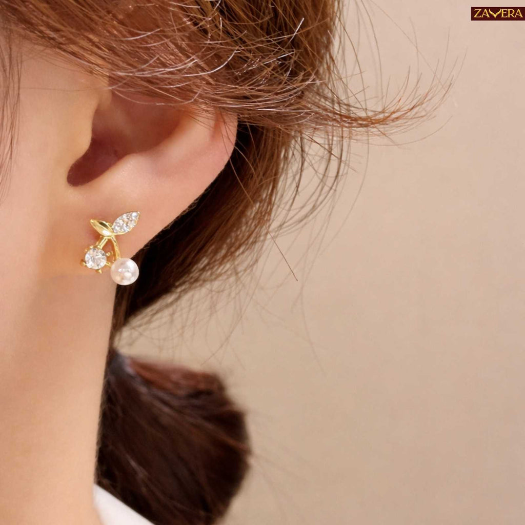 Cherry Pearl Gold Plated Stud Earrings For Women