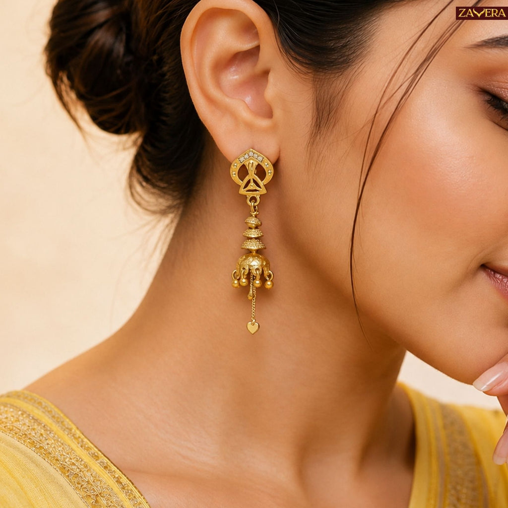 Zavera Gold Plated Long Drop Jhumka Earrings for Women