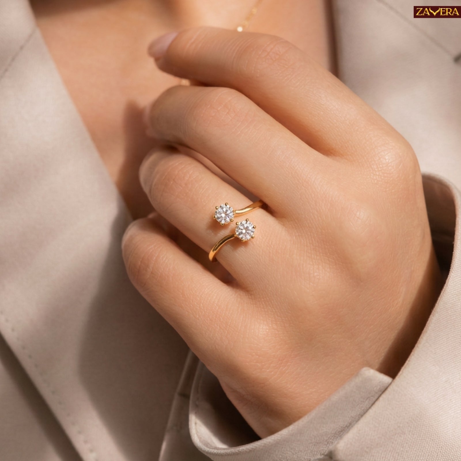 Zavera Brass 22K Toi et Moi Gold Plated Ring For Women