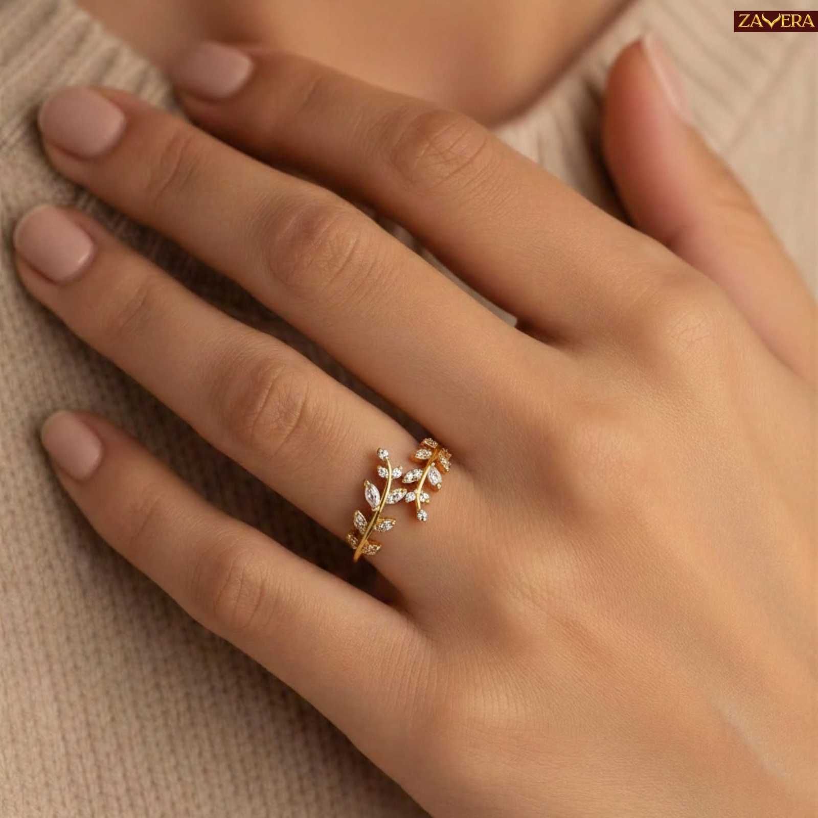 Zavera Gold Plated Leaf Branch Stone Adjustable Ring