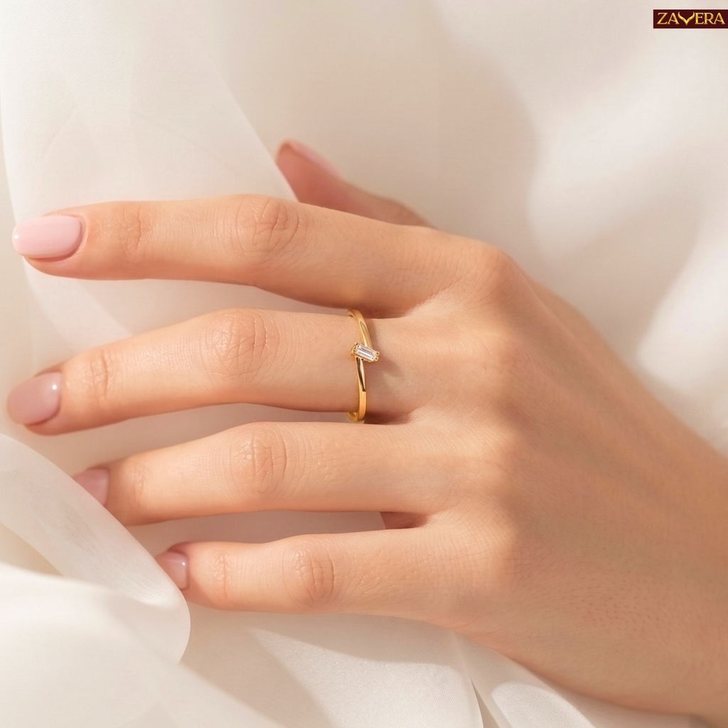 Zavera Brass 22K Minimal Emerald Cut Solitaire Gold Plated Ring For Women
