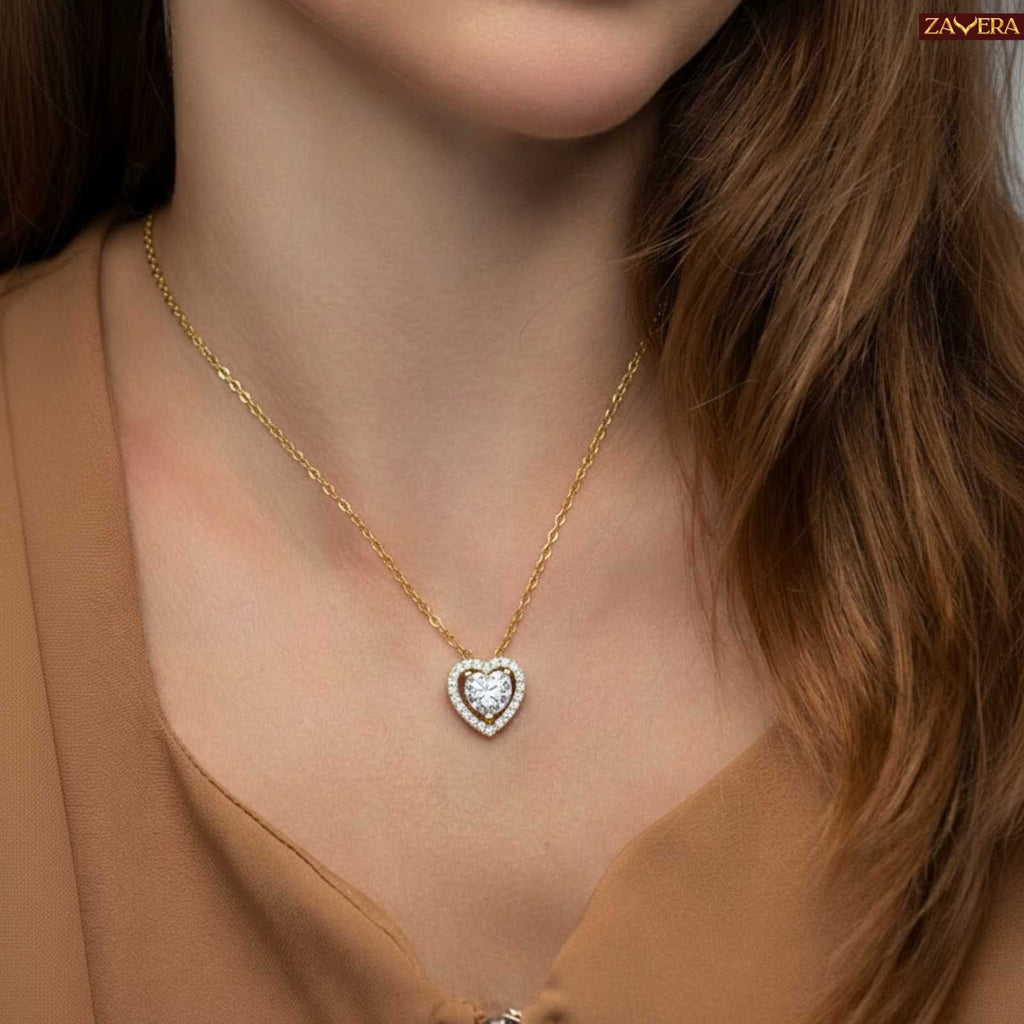 Zavera Heart Halo Diamond Gold Plated Pendant Set with Earrings